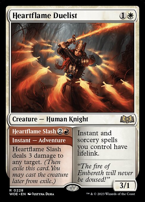 Instant and sorcery spells you control have lifelink.   Heartflame Slash deals 3 damage to any target. (Then exile this card. You may cast the creature later from exile.)