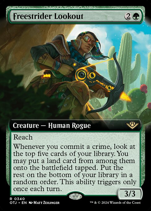 Reach
Whenever you commit a crime, look at the top five cards of your library. You may put a land card from among them onto the battlefield tapped. Put the rest on the bottom of your library in a random order. This ability triggers only once each turn. (Targeting opponents, anything they control, and/or cards in their graveyards is a crime.)