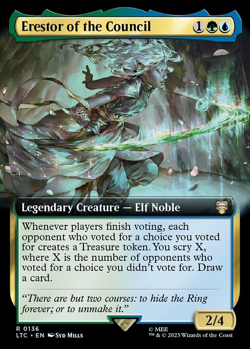 Whenever players finish voting, each opponent who voted for a choice you voted for creates a Treasure token. You scry X, where X is the number of opponents who voted for a choice you didn't vote for. Draw a card.