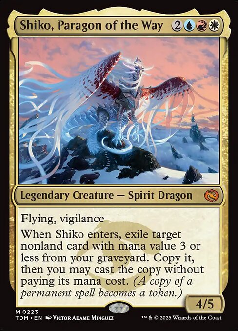 Flying, vigilance
When Shiko enters, exile target nonland card with mana value 3 or less from your graveyard. Copy it, then you may cast the copy without paying its mana cost. (A copy of a permanent spell becomes a token.)