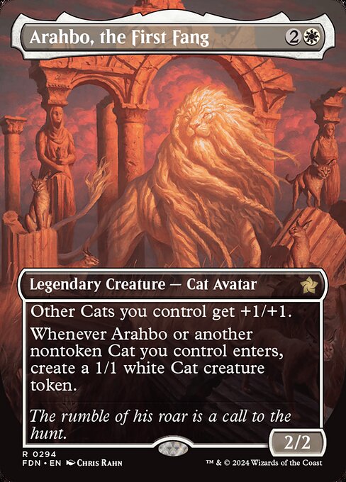 Other Cats you control get +1/+1.
Whenever Arahbo or another nontoken Cat you control enters, create a 1/1 white Cat creature token.