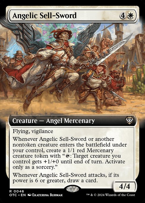 Flying, vigilance
Whenever Angelic Sell-Sword or another nontoken creature enters the battlefield under your control, create a 1/1 red Mercenary creature token with "{T}: Target creature you control gets +1/+0 until end of turn. Activate only as a sorcery."
Whenever Angelic Sell-Sword attacks, if its power is 6 or greater, draw a card.