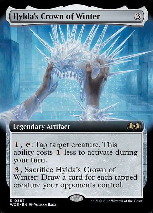{1}, {T}: Tap target creature. This ability costs {1} less to activate during your turn.
{3}, Sacrifice Hylda's Crown of Winter: Draw a card for each tapped creature your opponents control.
