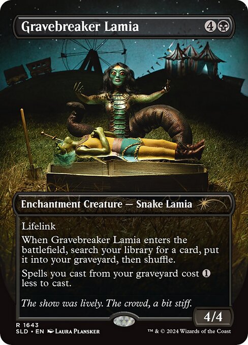 Lifelink
When this creature enters, search your library for a card, put it into your graveyard, then shuffle.
Spells you cast from your graveyard cost {1} less to cast.