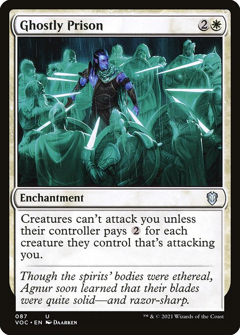 Creatures can't attack you unless their controller pays {2} for each creature they control that's attacking you.