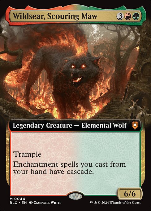 Trample
Enchantment spells you cast from your hand have cascade. (Whenever you cast an enchantment spell from your hand, exile cards from the top of your library until you exile a nonland card that costs less. You may cast it without paying its mana cost. Put the exiled cards on the bottom in a random order.)