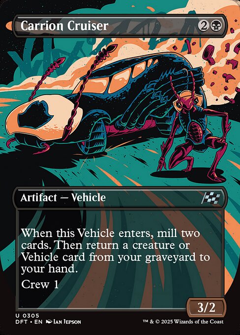 When this Vehicle enters, mill two cards. Then return a creature or Vehicle card from your graveyard to your hand. (To mill two cards, put the top two cards of your library into your graveyard.)
Crew 1 (Tap any number of creatures you control with total power 1 or more: This Vehicle becomes an artifact creature until end of turn.)