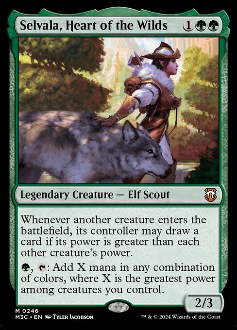 Whenever another creature enters, its controller may draw a card if its power is greater than each other creature's power.
{G}, {T}: Add X mana in any combination of colors, where X is the greatest power among creatures you control.