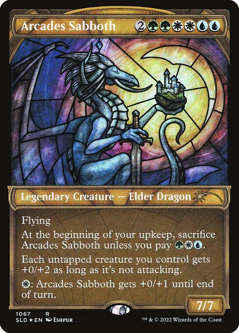 Flying
At the beginning of your upkeep, sacrifice Arcades Sabboth unless you pay {G}{W}{U}.
Each untapped creature you control gets +0/+2 as long as it's not attacking.
{W}: Arcades Sabboth gets +0/+1 until end of turn.