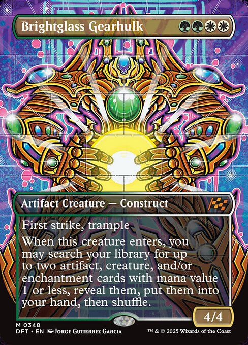 First strike, trample
When this creature enters, you may search your library for up to two artifact, creature, and/or enchantment cards with mana value 1 or less, reveal them, put them into your hand, then shuffle.