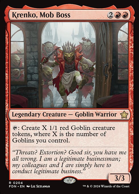 {T}: Create X 1/1 red Goblin creature tokens, where X is the number of Goblins you control.
