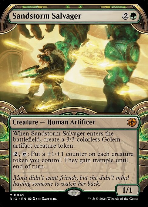 When Sandstorm Salvager enters the battlefield, create a 3/3 colorless Golem artifact creature token.
{2}, {T}: Put a +1/+1 counter on each creature token you control. They gain trample until end of turn.