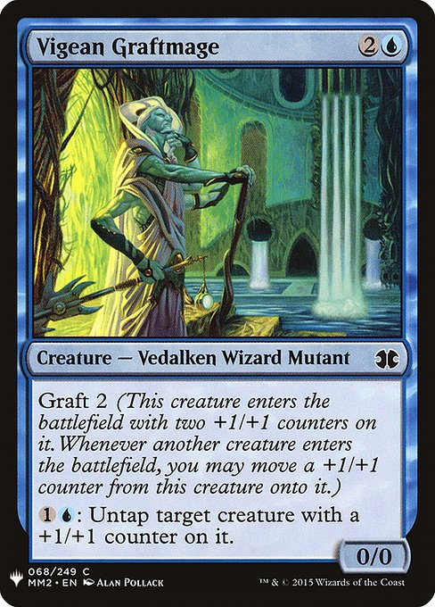 Graft 2 (This creature enters with two +1/+1 counters on it. Whenever another creature enters, you may move a +1/+1 counter from this creature onto it.)
{1}{U}: Untap target creature with a +1/+1 counter on it.