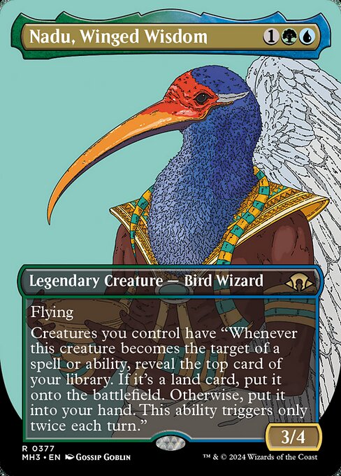 Flying
Creatures you control have "Whenever this creature becomes the target of a spell or ability, reveal the top card of your library. If it's a land card, put it onto the battlefield. Otherwise, put it into your hand. This ability triggers only twice each turn."