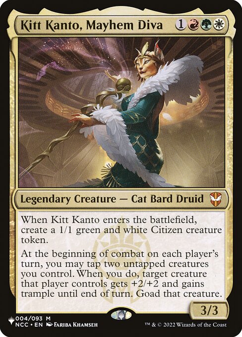 When Kitt Kanto enters the battlefield, create a 1/1 green and white Citizen creature token.
At the beginning of combat on each player's turn, you may tap two untapped creatures you control. When you do, target creature that player controls gets +2/+2 and gains trample until end of turn. Goad that creature.