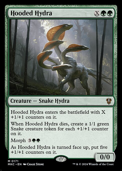 Hooded Hydra enters the battlefield with X +1/+1 counters on it.
When Hooded Hydra dies, create a 1/1 green Snake creature token for each +1/+1 counter on it.
Morph {3}{G}{G}
As Hooded Hydra is turned face up, put five +1/+1 counters on it.