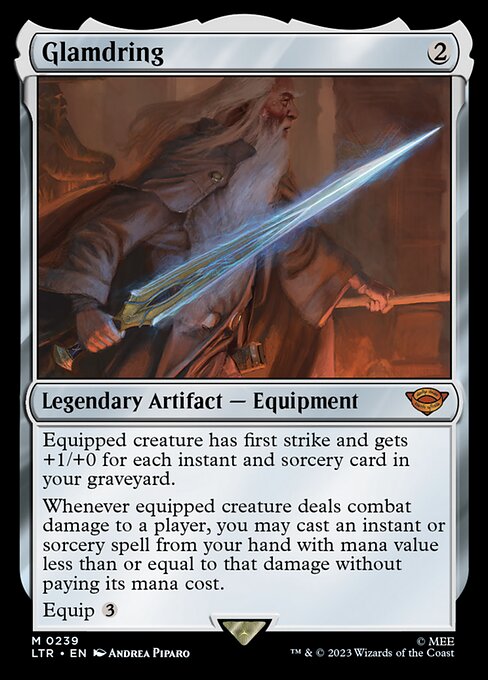 Equipped creature has first strike and gets +1/+0 for each instant and sorcery card in your graveyard.
Whenever equipped creature deals combat damage to a player, you may cast an instant or sorcery spell from your hand with mana value less than or equal to that damage without paying its mana cost.
Equip {3}