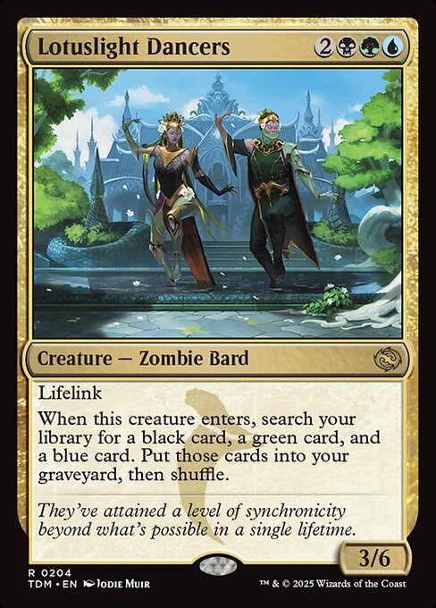 Lifelink
When this creature enters, search your library for a black card, a green card, and a blue card. Put those cards into your graveyard, then shuffle.