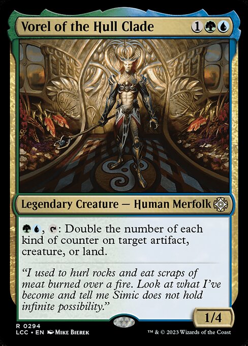 {G}{U}, {T}: Double the number of each kind of counter on target artifact, creature, or land.