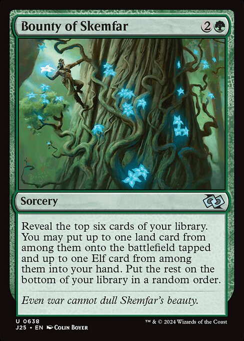 Reveal the top six cards of your library. You may put up to one land card from among them onto the battlefield tapped and up to one Elf card from among them into your hand. Put the rest on the bottom of your library in a random order.
