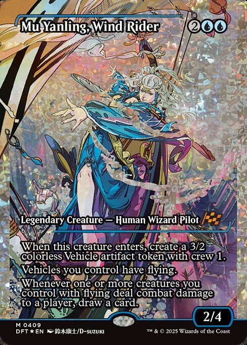 When this creature enters, create a 3/2 colorless Vehicle artifact token with crew 1.
Vehicles you control have flying.
Whenever one or more creatures you control with flying deal combat damage to a player, draw a card.
