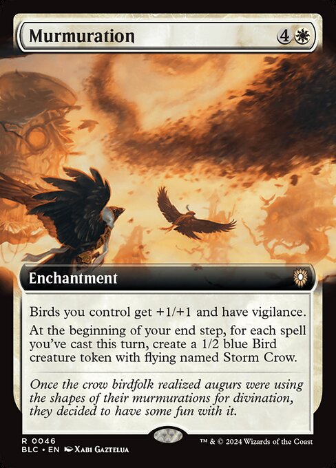 Birds you control get +1/+1 and have vigilance.
At the beginning of your end step, for each spell you've cast this turn, create a 1/2 blue Bird creature token with flying named Storm Crow.