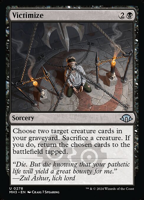 Choose two target creature cards in your graveyard. Sacrifice a creature. If you do, return the chosen cards to the battlefield tapped.