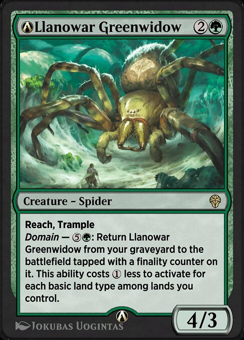 Reach, trample
Domain — {5}{G}: Return Llanowar Greenwidow from your graveyard to the battlefield tapped with a finality counter on it. This ability costs {1} less to activate for each basic land type among lands you control.