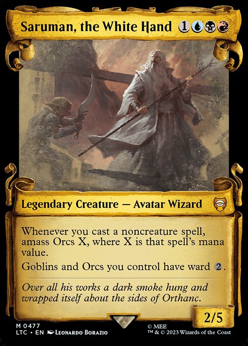 Whenever you cast a noncreature spell, amass Orcs X, where X is that spell's mana value. (Put X +1/+1 counters on an Army you control. It's also an Orc. If you don't control an Army, create a 0/0 black Orc Army creature token first.)
Goblins and Orcs you control have ward {2}.