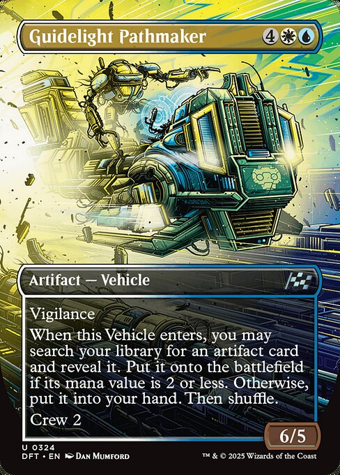 Vigilance
When this Vehicle enters, you may search your library for an artifact card and reveal it. Put it onto the battlefield if its mana value is 2 or less. Otherwise, put it into your hand. Then shuffle.
Crew 2
