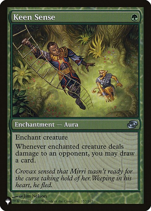 Enchant creature
Whenever enchanted creature deals damage to an opponent, you may draw a card.