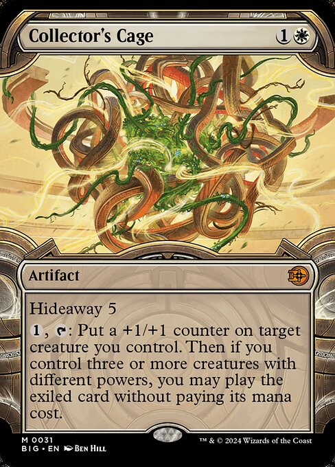 Hideaway 5 (When this artifact enters the battlefield, look at the top five cards of your library, exile one face down, then put the rest on the bottom in a random order.)
{1}, {T}: Put a +1/+1 counter on target creature you control. Then if you control three or more creatures with different powers, you may play the exiled card without paying its mana cost.