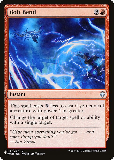 This spell costs {3} less to cast if you control a creature with power 4 or greater.
Change the target of target spell or ability with a single target.