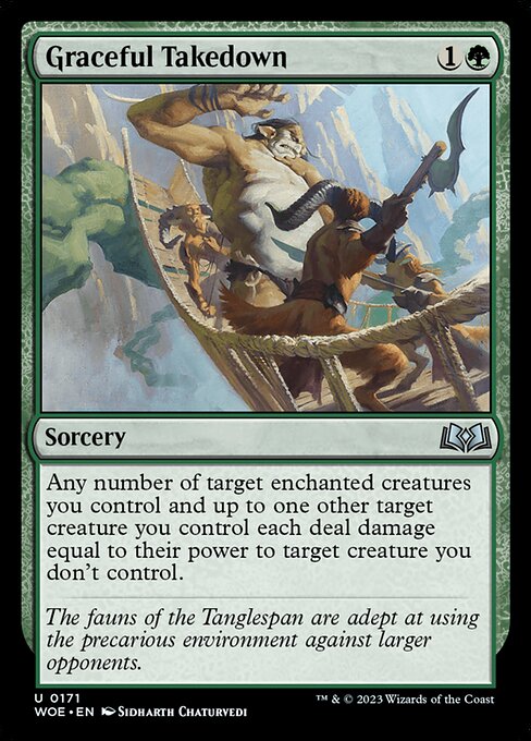 Any number of target enchanted creatures you control and up to one other target creature you control each deal damage equal to their power to target creature you don't control.