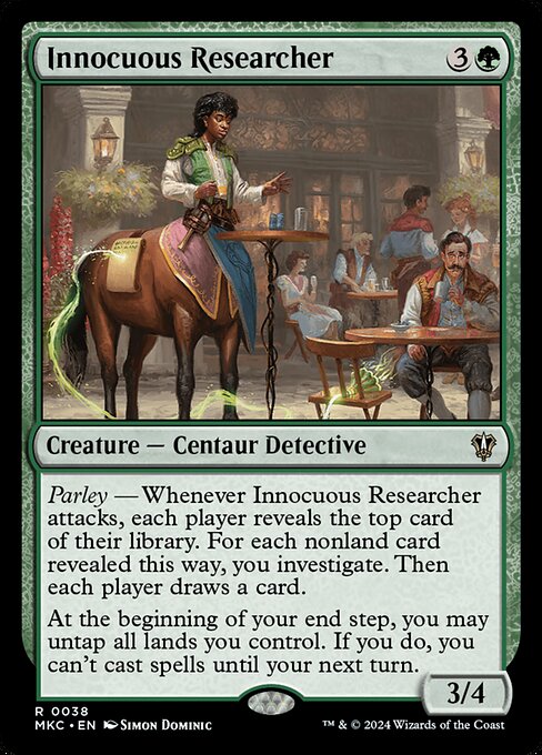 Parley — Whenever Innocuous Researcher attacks, each player reveals the top card of their library. For each nonland card revealed this way, you investigate. Then each player draws a card.
At the beginning of your end step, you may untap all lands you control. If you do, you can't cast spells until your next turn.