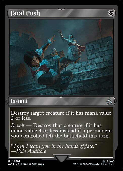 Destroy target creature if it has mana value 2 or less.
Revolt — Destroy that creature if it has mana value 4 or less instead if a permanent you controlled left the battlefield this turn.