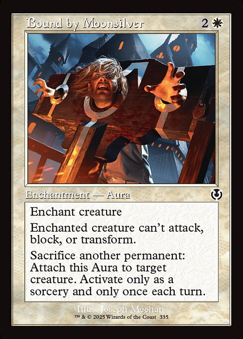 Enchant creature
Enchanted creature can't attack, block, or transform.
Sacrifice another permanent: Attach this Aura to target creature. Activate only as a sorcery and only once each turn.
