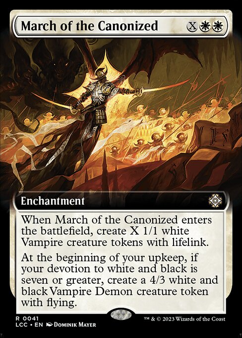 When this enchantment enters, create X 1/1 white Vampire creature tokens with lifelink.
At the beginning of your upkeep, if your devotion to white and black is seven or greater, create a 4/3 white and black Vampire Demon creature token with flying.