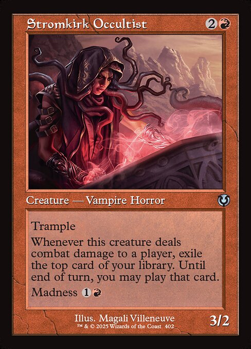 Trample
Whenever this creature deals combat damage to a player, exile the top card of your library. Until end of turn, you may play that card.
Madness {1}{R} (If you discard this card, discard it into exile. When you do, cast it for its madness cost or put it into your graveyard.)