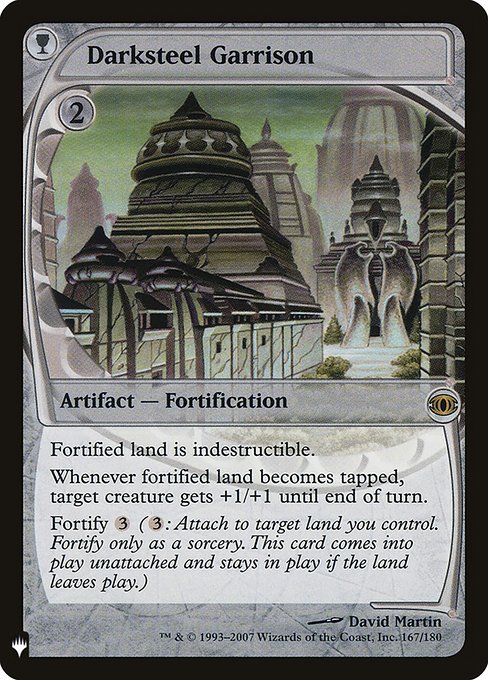 Fortified land has indestructible.
Whenever fortified land becomes tapped, target creature gets +1/+1 until end of turn.
Fortify {3} ({3}: Attach to target land you control. Fortify only as a sorcery. This card enters unattached and stays on the battlefield if the land leaves.)