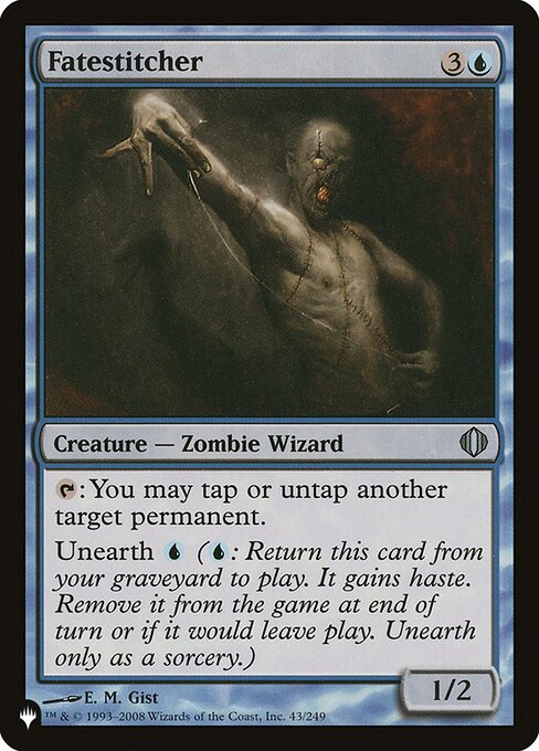 {T}: You may tap or untap another target permanent.
Unearth {U} ({U}: Return this card from your graveyard to the battlefield. It gains haste. Exile it at the beginning of the next end step or if it would leave the battlefield. Unearth only as a sorcery.)
