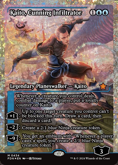 Whenever a creature you control deals combat damage to a player, put a loyalty counter on Kaito.
+1: Up to one target creature you control can't be blocked this turn. Draw a card, then discard a card.
−2: Create a 2/1 blue Ninja creature token.
−9: You get an emblem with "Whenever a player casts a spell, you create a 2/1 blue Ninja creature token."