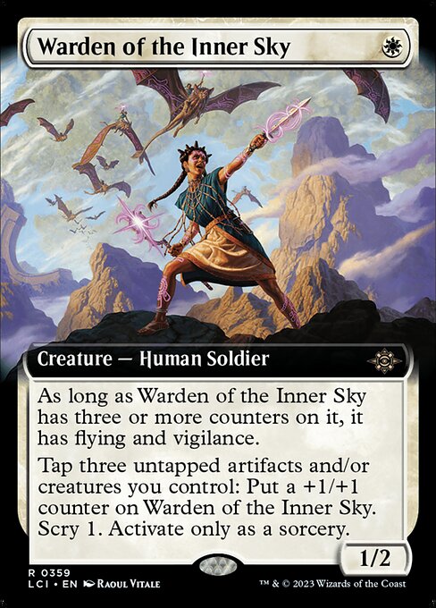 As long as Warden of the Inner Sky has three or more counters on it, it has flying and vigilance.
Tap three untapped artifacts and/or creatures you control: Put a +1/+1 counter on Warden of the Inner Sky. Scry 1. Activate only as a sorcery.