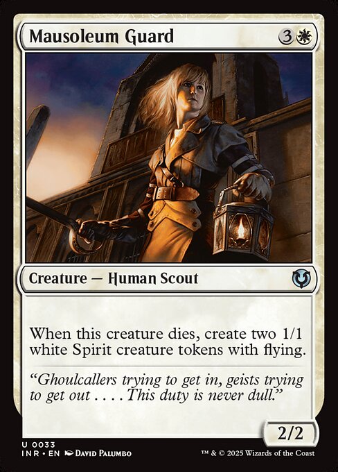 When Mausoleum Guard dies, create two 1/1 white Spirit creature tokens with flying.