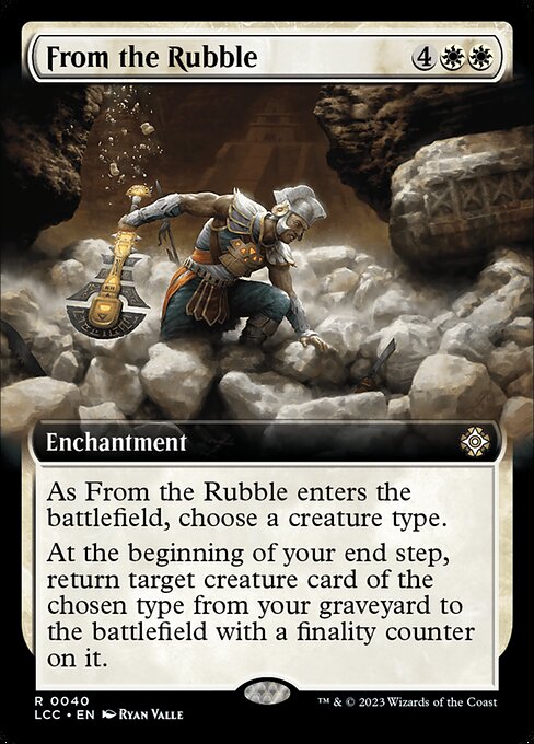 As this enchantment enters, choose a creature type.
At the beginning of your end step, return target creature card of the chosen type from your graveyard to the battlefield with a finality counter on it. (If a creature with a finality counter on it would die, exile it instead.)