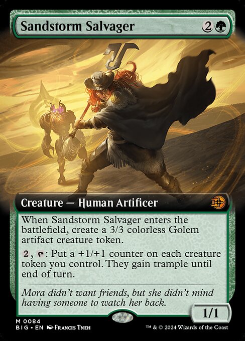 When Sandstorm Salvager enters the battlefield, create a 3/3 colorless Golem artifact creature token.
{2}, {T}: Put a +1/+1 counter on each creature token you control. They gain trample until end of turn.