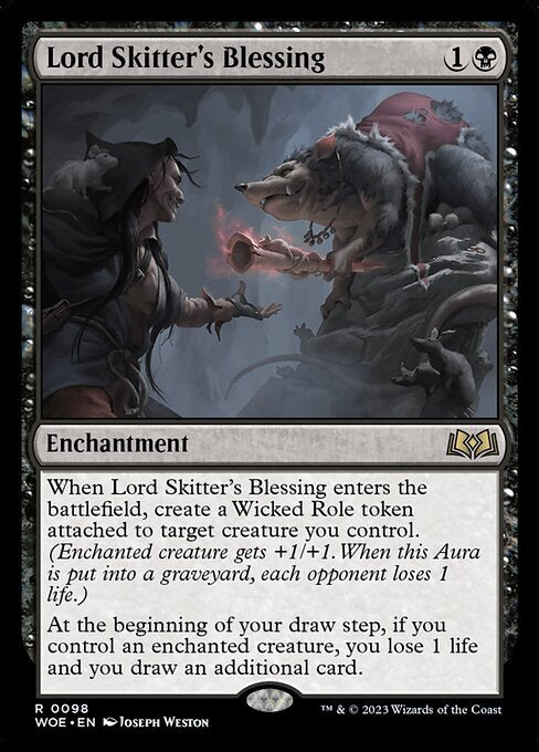 When Lord Skitter's Blessing enters the battlefield, create a Wicked Role token attached to target creature you control. (Enchanted creature gets +1/+1. When this Aura is put into a graveyard, each opponent loses 1 life.)
At the beginning of your draw step, if you control an enchanted creature, you lose 1 life and you draw an additional card.