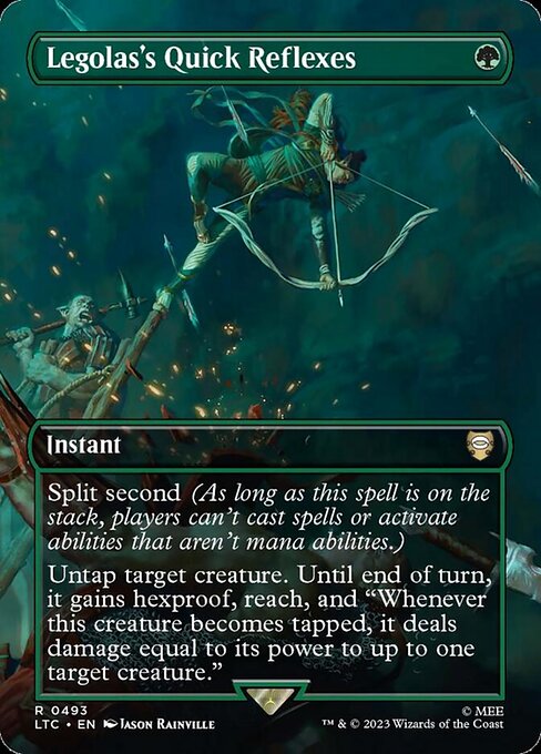 Split second (As long as this spell is on the stack, players can't cast spells or activate abilities that aren't mana abilities.)
Untap target creature. Until end of turn, it gains hexproof, reach, and "Whenever this creature becomes tapped, it deals damage equal to its power to up to one target creature."