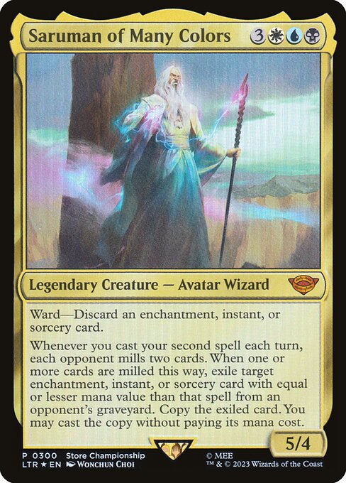 Ward—Discard an enchantment, instant, or sorcery card.
Whenever you cast your second spell each turn, each opponent mills two cards. When one or more cards are milled this way, exile target enchantment, instant, or sorcery card with equal or lesser mana value than that spell from an opponent's graveyard. Copy the exiled card. You may cast the copy without paying its mana cost.