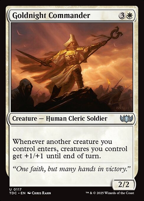 Whenever another creature you control enters, creatures you control get +1/+1 until end of turn.